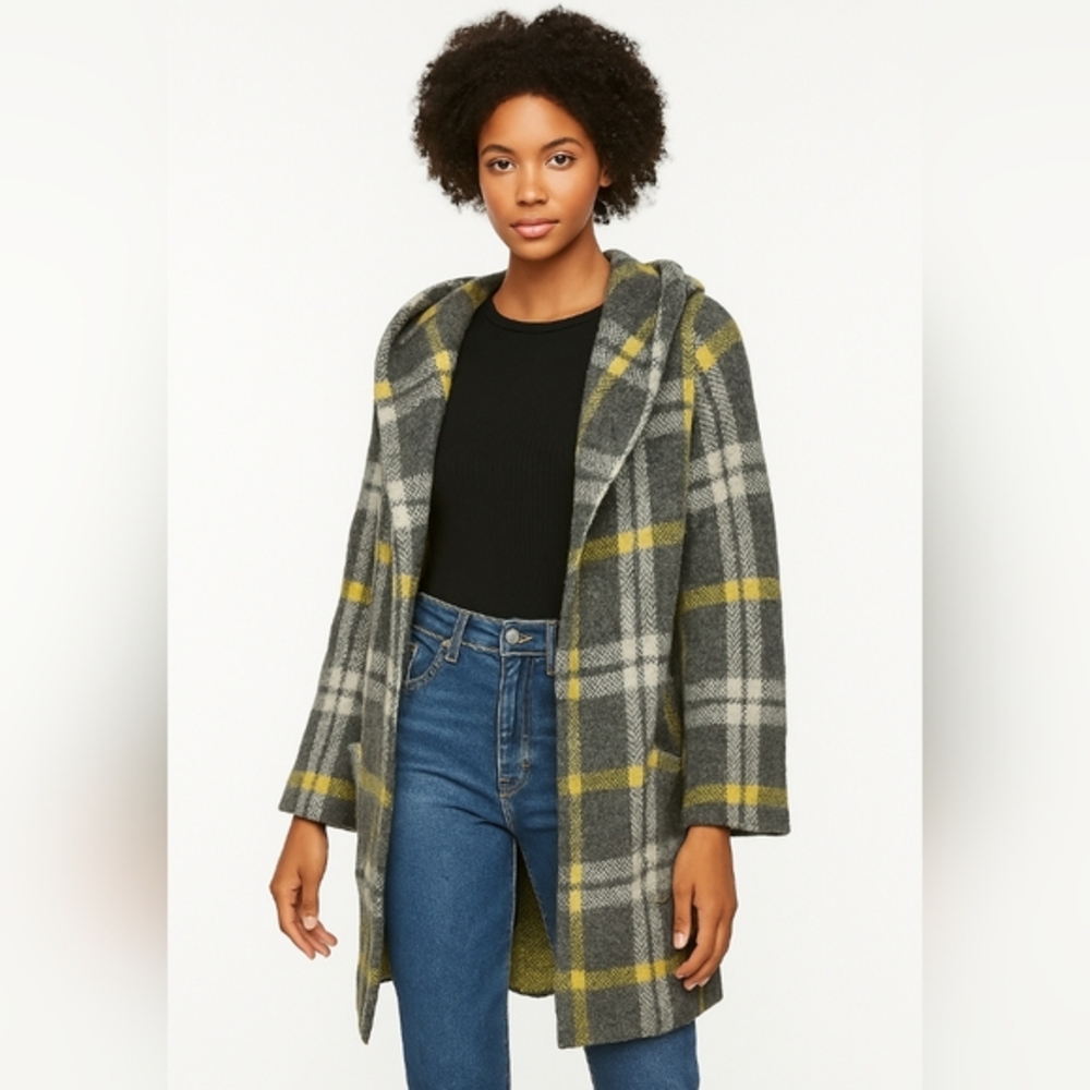 Tahari Women's Plaid Wool Blend Longline Sweater Cardigan Sz S Grey Yellow Plaid